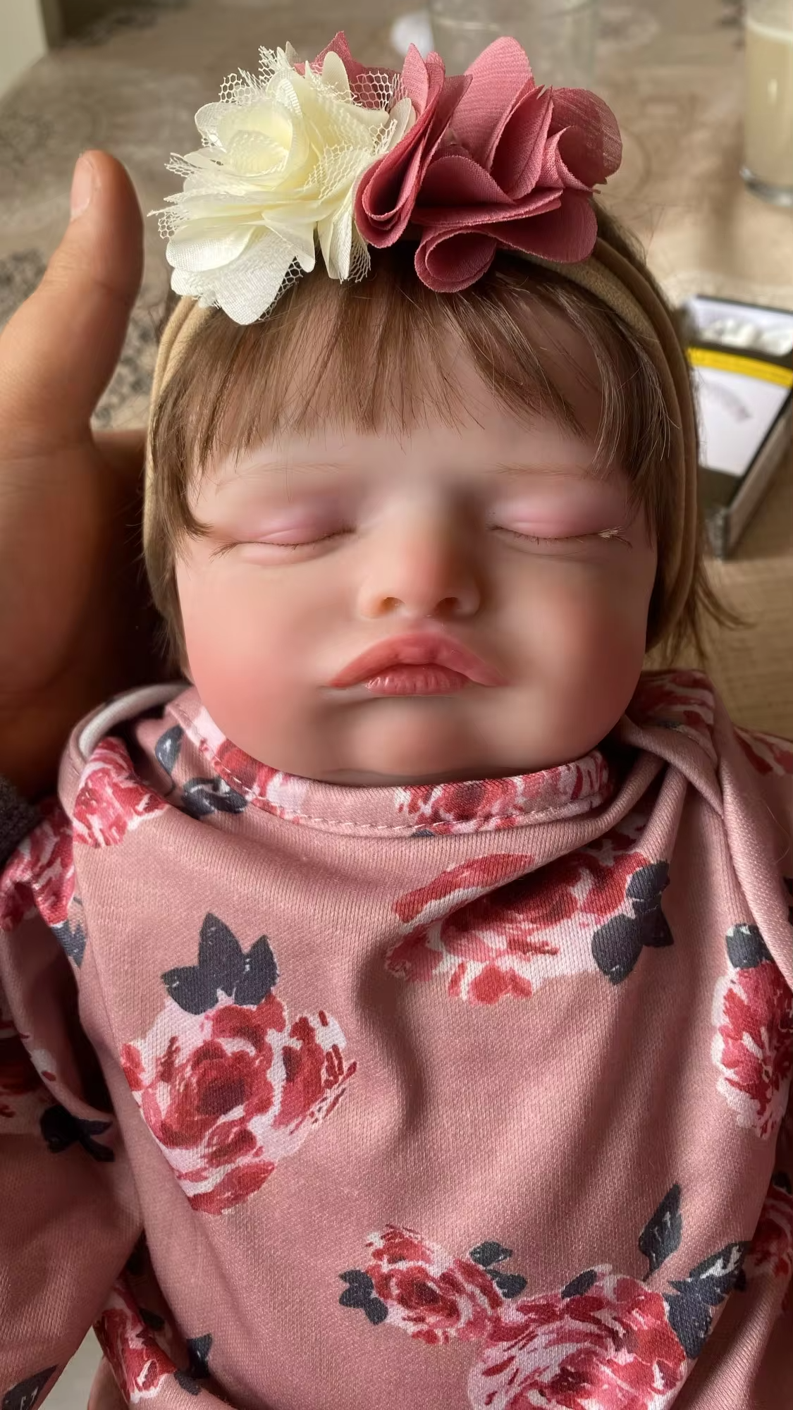 Sovande Reborn baby docka flicka Rosalie med brunt hår